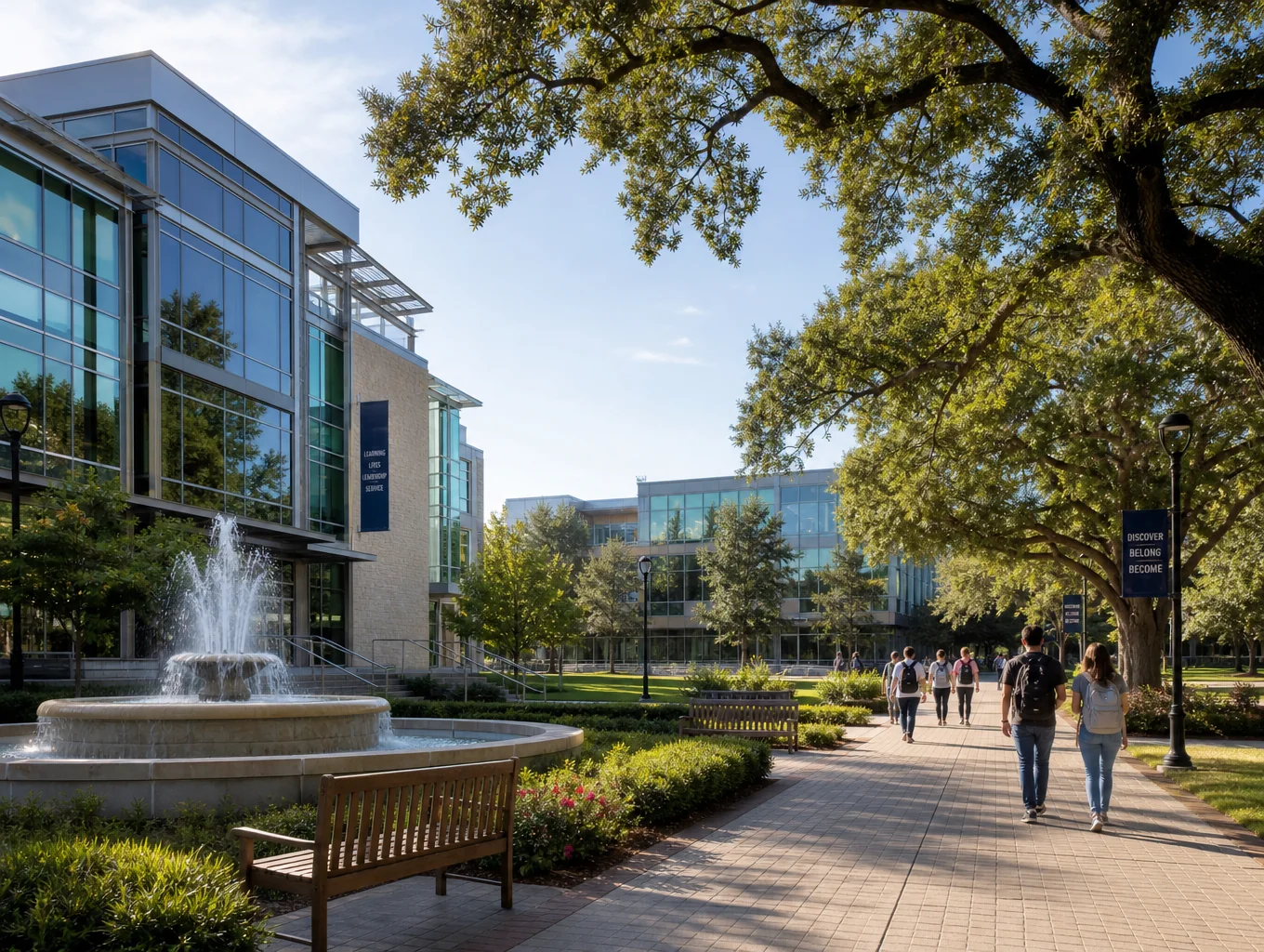 Scholara modern university campus architecture and sunlit plaza