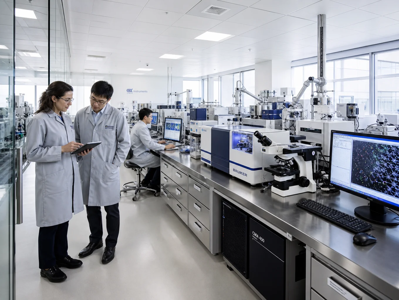Medical researchers collaborating in state of the art laboratory