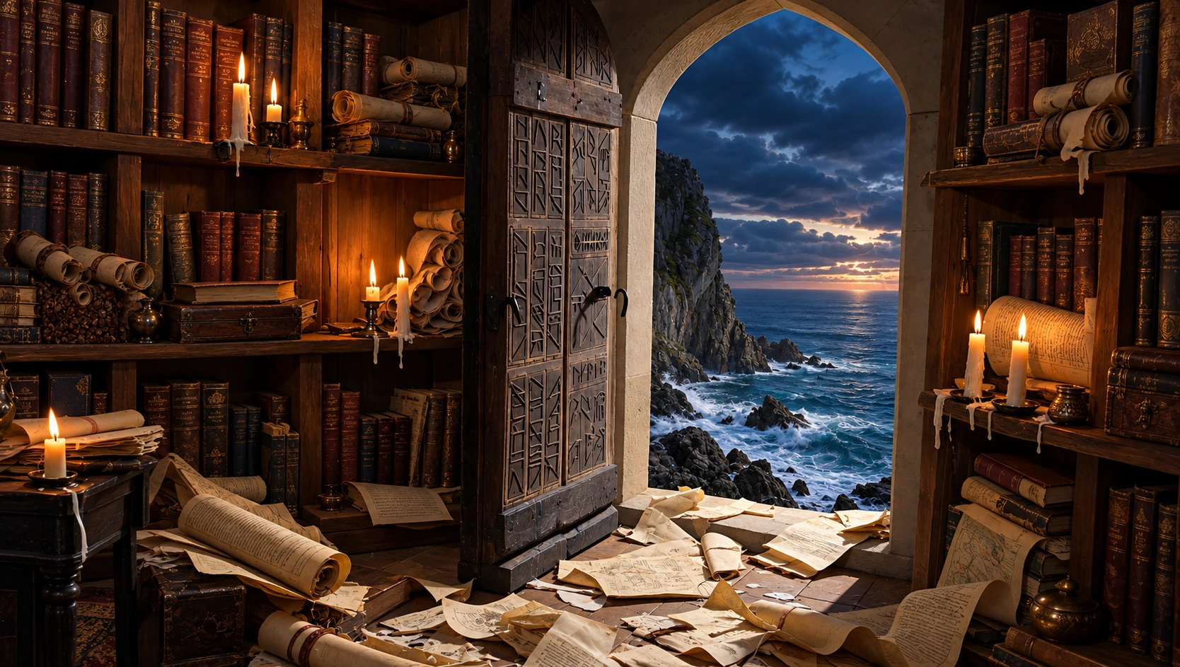 a medieval/fantasy scholar's tower library with an open stone archway revealing a dramatic coastal sunset seascape, scattered manuscripts and candles