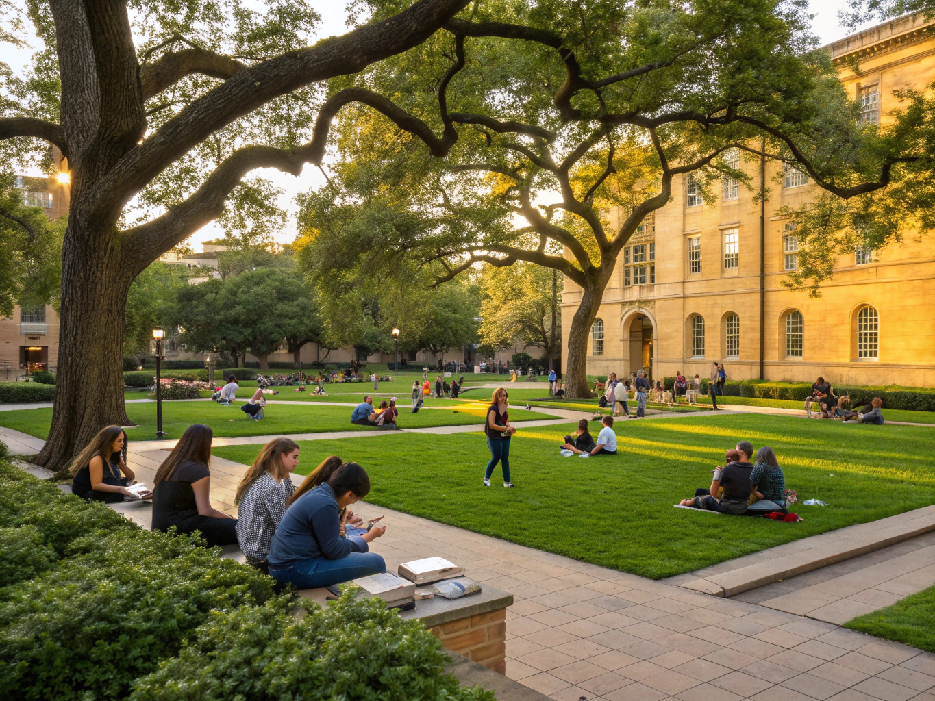Students meeting outdoors in the central campus plaza